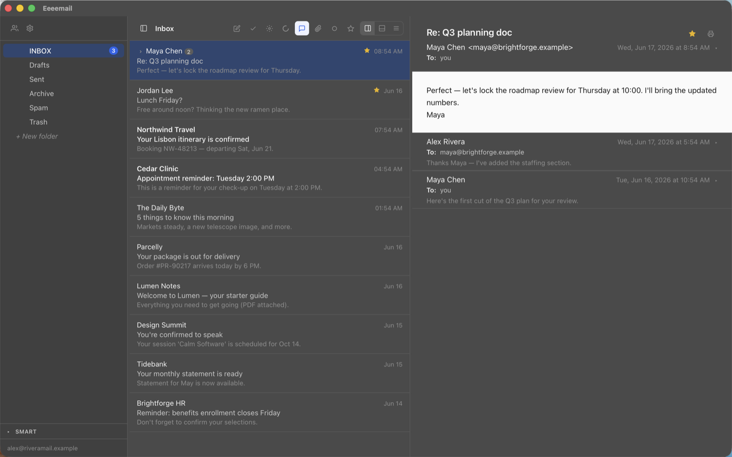 Eeeemail inbox with a threaded conversation in the reading pane
