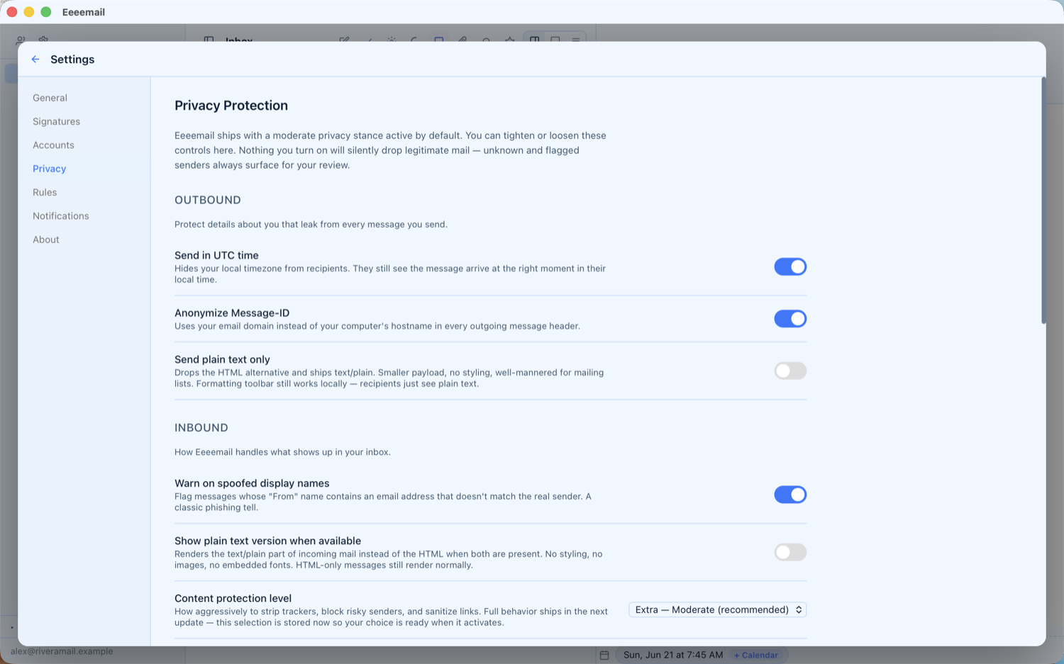 Eeeemail privacy settings — strip trackers, warn on spoofed senders, anonymise outgoing mail